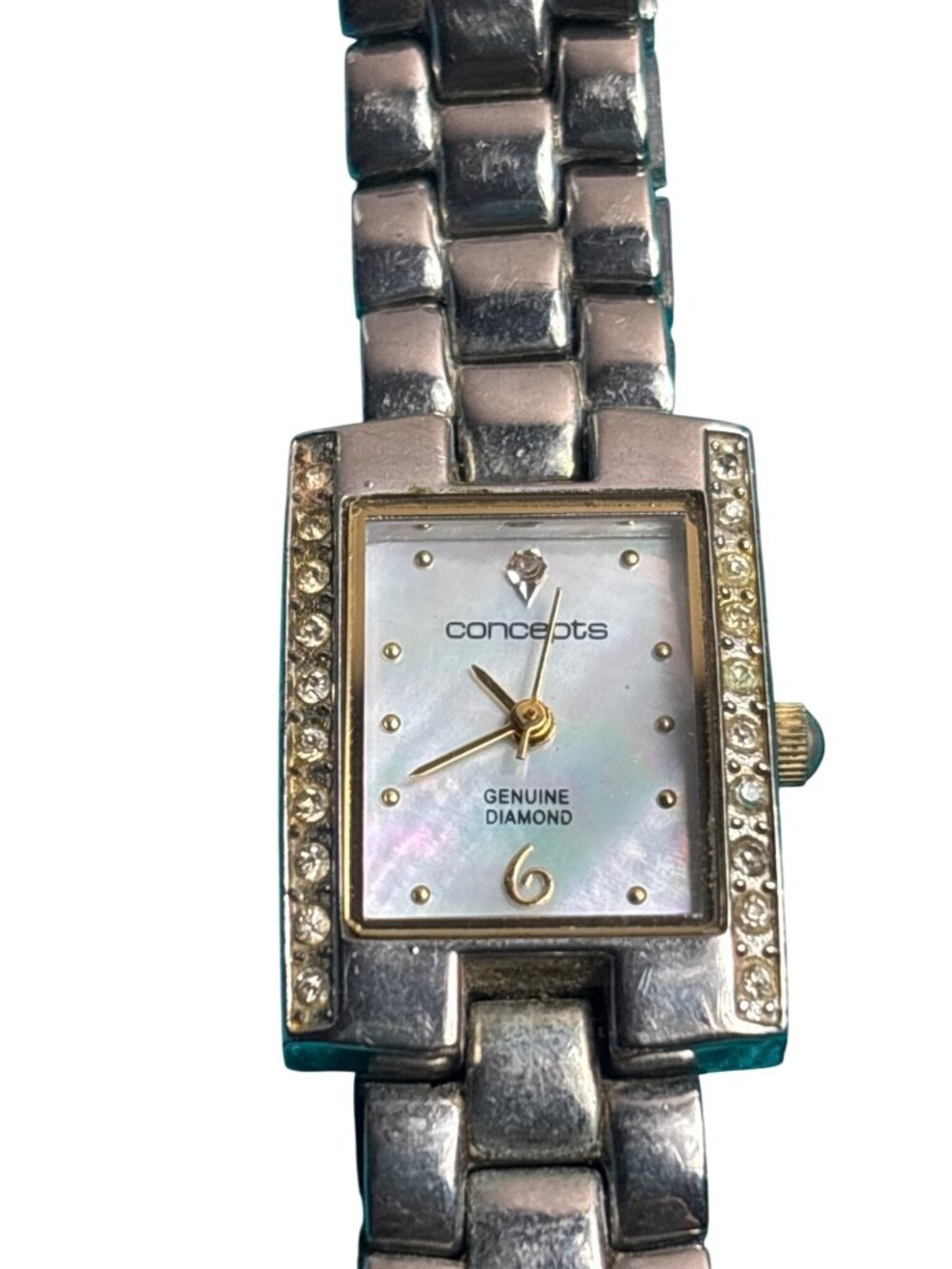 Concepts Genuine Diamond Watch Silvertone Clear Rhinestones Mother of Pearl Face
